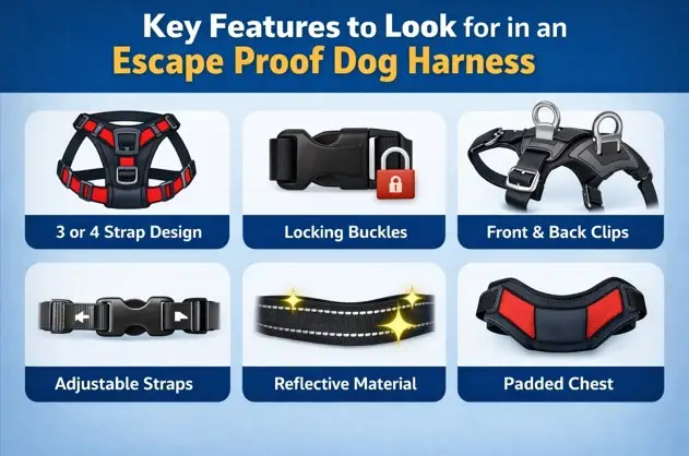 Key features to look for in an escape proof dog harness including 3 strap design, locking buckles, front and back clips, adjustable straps, reflective material, and padded chest for maximum safety and control for pulling dogs.