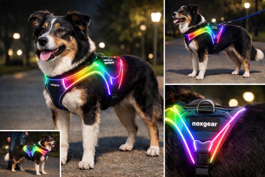 Noxgear LightHound LED Reflective Dog Harness in black with vibrant LED lights, worn by a medium-sized tricolor dog at night on a park path, ensuring high visibility and safe night walks