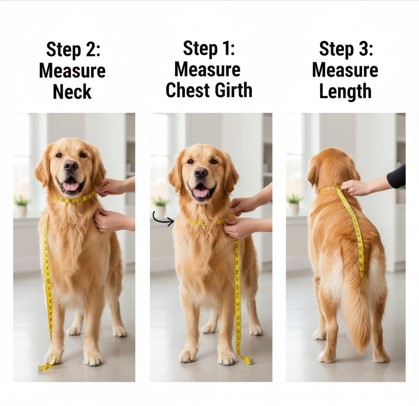 Infographic showing three steps to measure a dog for a harness: measuring the neck circumference, chest girth, and back length on a Golden Retriever.