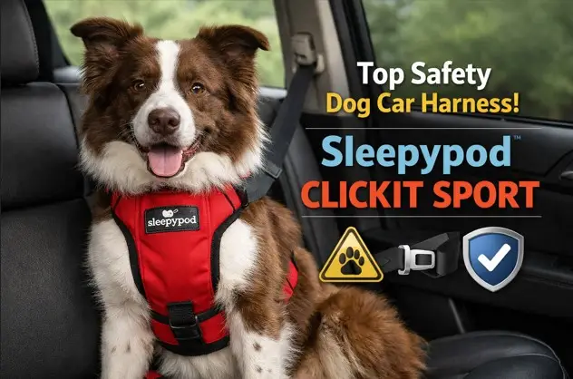 Dog wearing Sleepypod Clickit Sport safety harness sitting in a car seat – best dog car harness for safe travel 2026.