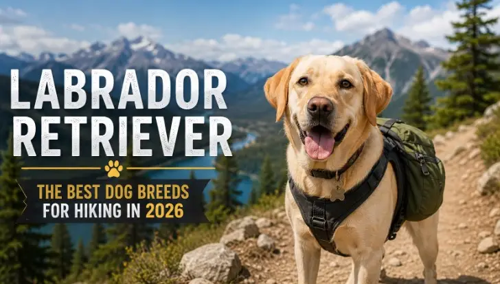 Labrador Retriever hiking on a mountain trail with backpack – best dog breed for hiking 2026